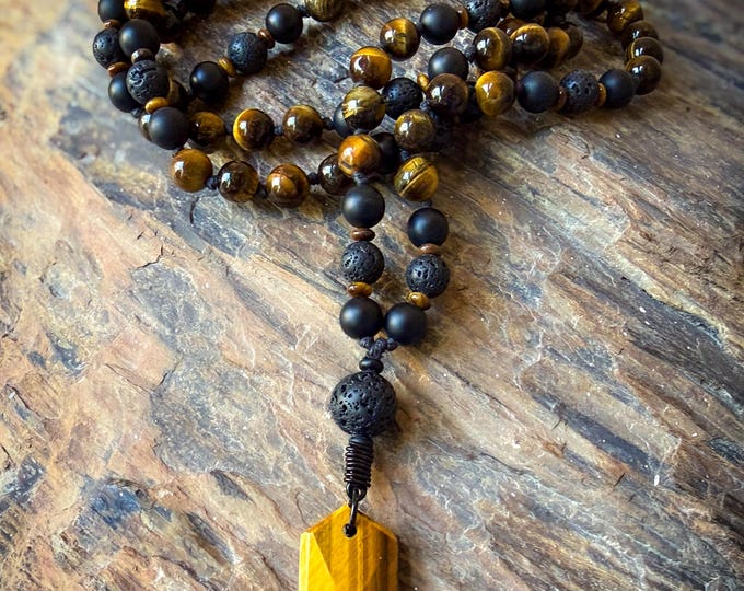 Tigerborn Mala: Tiger’s Eye, Lava Stone & Black Onyx Meditation Necklace, Strength Confidence Grounding Jewelry