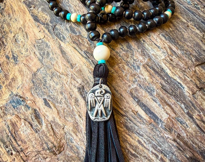 Storm Caller Mala: Buffalo Horn, Arizona Turquoise, Petrified Wood, Pewter Thunderbird Charm with Handcrafted Leather Tassel Mala