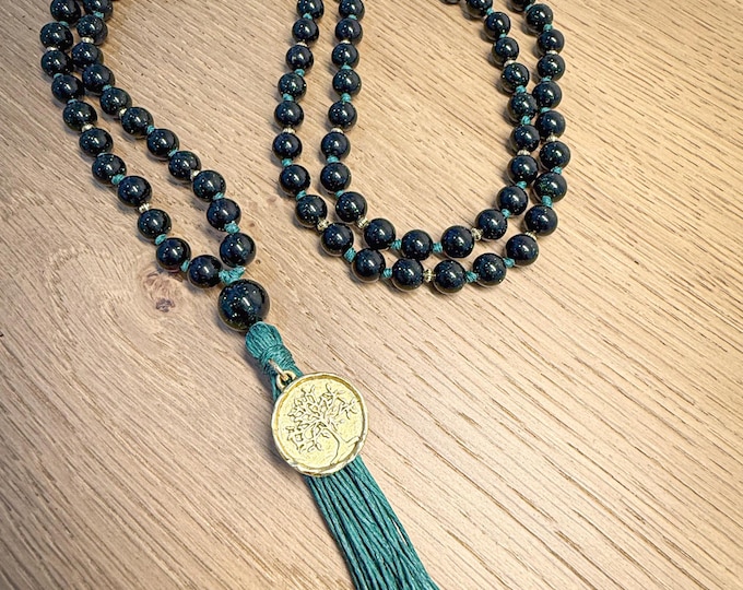 Forest of Stars Mala: AAA Green Goldstone, Tree of Life Charm & Handmade Hemp Tassel