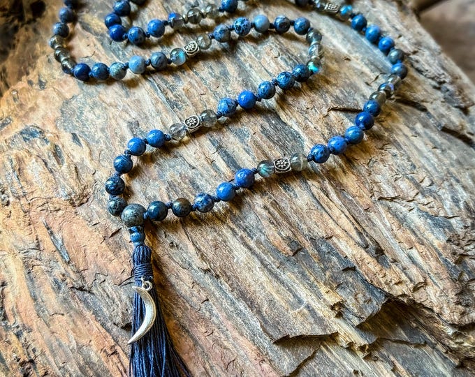 Cosmic Serenity Mala | Handmade 108 Bead Mala | Dumortierite and Labradorite | Sterling Silver Crescent Moon | Hand-Waxed Hemp Tassel