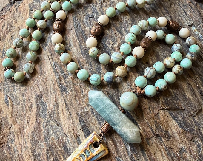 Water Realm Mala: Aqua Terra Agate, Fossil Jasper, Aquamarine Point, Amazonite Guru & Copper Accents