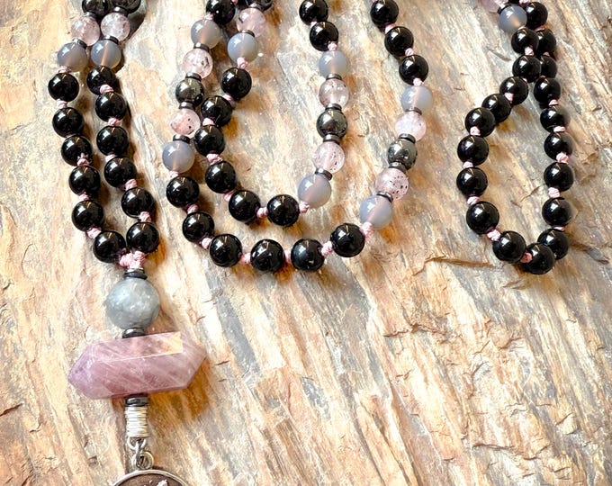 Harmonious Heart Mala: Strawberry Quartz, Onyx & Rose Quartz Meditation Necklace, Love Balance Healing Jewelry