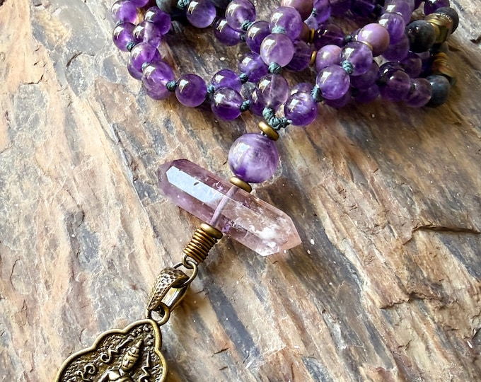 Regal Ascension Mala: Amethyst, Ruby Kyanite & Phosphosiderite Meditation Necklace, Intuition Spiritual Growth Jewelry