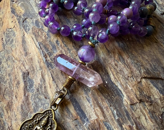 Regal Ascension Amethyst Mala: Ruby Kyanite, Phosphosiderite Beads, Brass Buddha Pendant