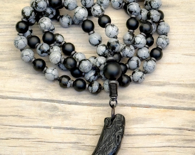 Winter Wolf Mala: Snowflake Obsidian, Black Onyx & Obsidian Wolf Claw Meditation Necklace, Protection Courage Spiritual Jewelry