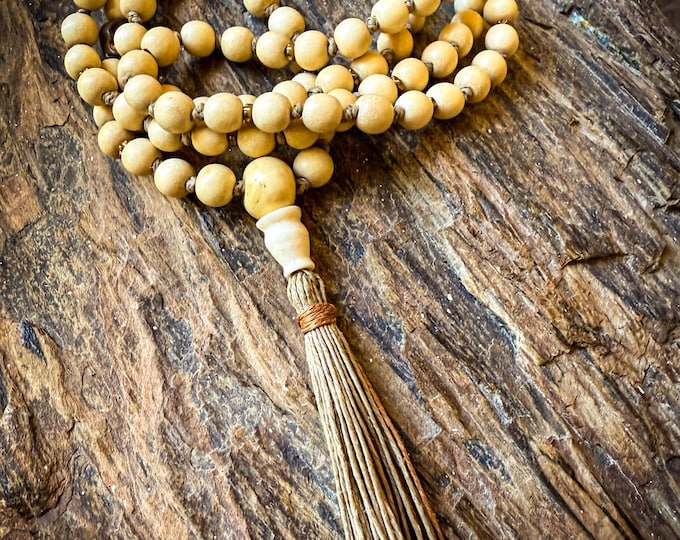Spirit Shield Mala | Whitewood Beads, Copper Skull Hematite & Bone Guru Bead | Handmade Hemp Tassel | Protective Meditation Necklace