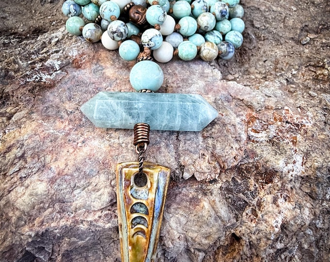 Water Realm Mala: Aqua Terra Agate, Fossil Jasper, Aquamarine Point, Amazonite Guru & Copper Accents