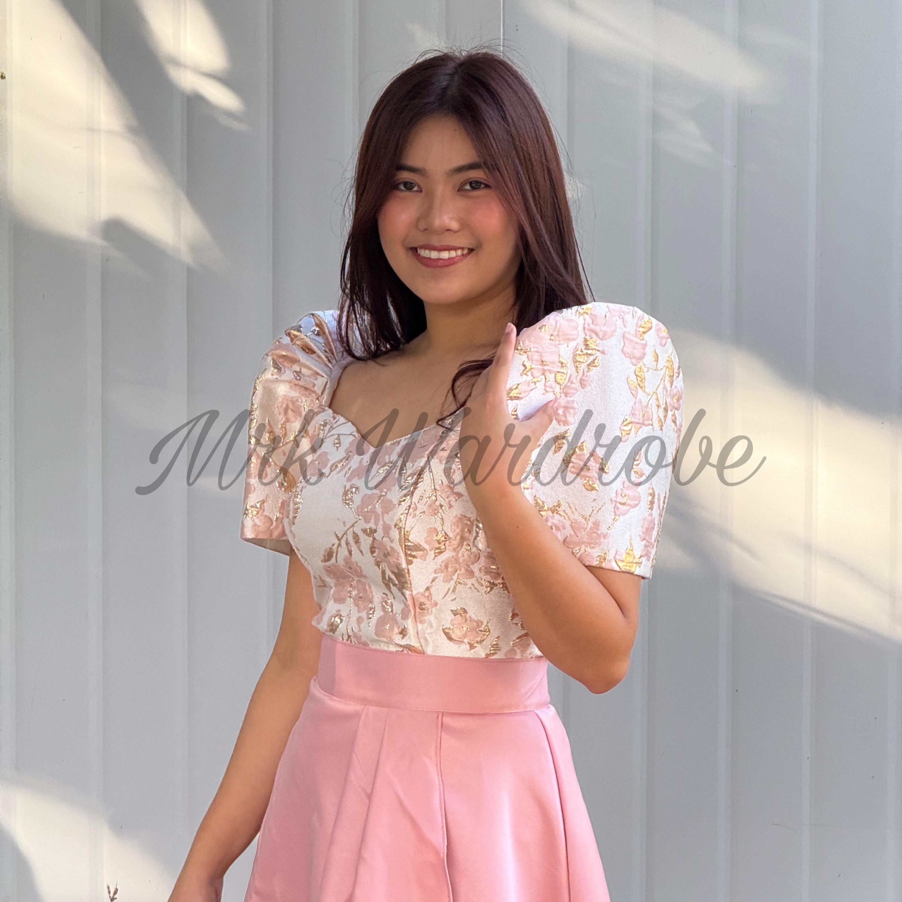 Brocade Pink Filipiniana Top with Pink Satin Skirt