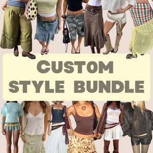 Peut inclure: Un collage de divers vêtements incluant des hauts, des jupes, des shorts et des robes aux couleurs et motifs variés. Le texte CUSTOM STYLE BUNDLE est affiché au centre de l'image sur un fond rectangulaire jaune clair.
