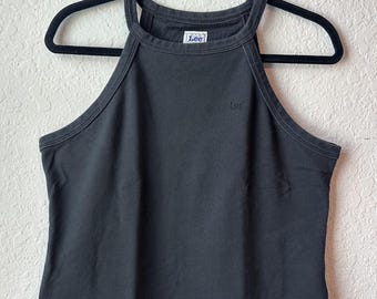 Vintage 2000s Lee Workwear Womens Black High Neck Halter Tank Top Embroidered Logo