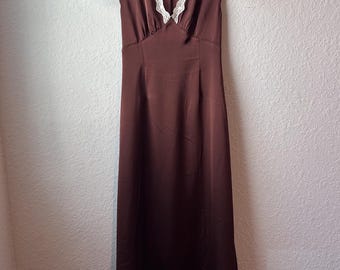 Preloved Long Brown Silky Romantic Short Sleeve Long Dress Rihoas (Large)