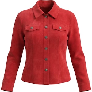 Vintage Red Genuine Suede Leather Jacket – Button Front Western Trucker Coat (M)