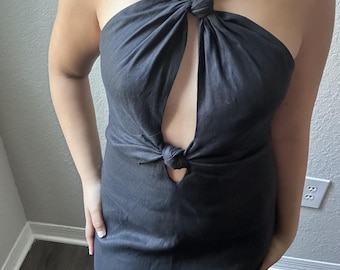 Vintage 2000s Antonio Melani Italian Linen Black Summer Long Dress Halter with Cutouts (Size: 4)