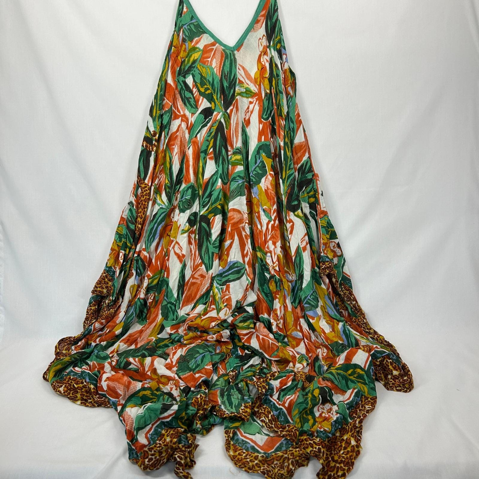 green and orange leopard print dress Vintage high slit dress