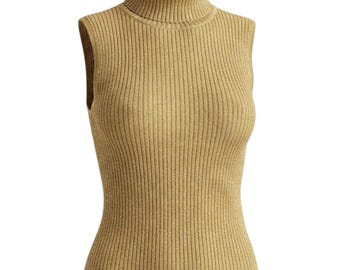 J.A.C. Vintage Gold Metallic Prążkowany Golf Bez Rękawów L Y2K