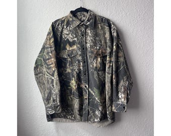 Vintage jaren 2000 basgitaar voor heren Pro Shops Hunting Camo shirt met lange mouwen en knopen (groot)
