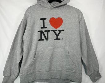 I Love NY Heather Grey Hoodie – Classic Graphic Pullover Sweatshirt (M)