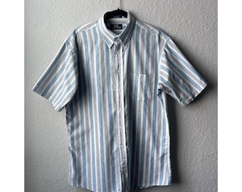 Vintage 90er Jahre Made in USA Stafford Gestreiftes Kurzarm- Hemd (Größe: Large))