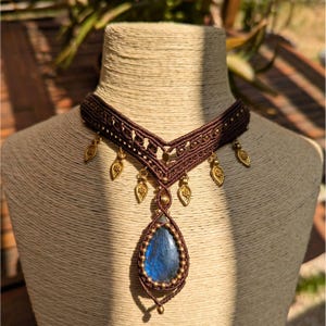 Labradorite Macrame Necklace | Natural Stone Talisman | Fairy Jewelry | Tribal Ethnic Necklace | Boho Choker | Brass Choker