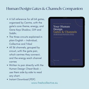 Puede incluir: Una tableta digital muestra la portada del libro "Your Human Design Gates & Channels". La portada es azul marino con texto dorado. La imagen también incluye una lista de características, incluida una referencia para las 64 puertas y 36 canales.