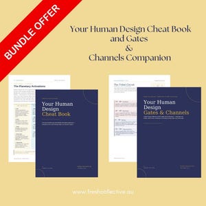 Puede incluir: Una oferta combinada con dos libros azul marino titulados "Your Human Design Cheat Book" y "Your Human Design Gates & Channels". Los libros van acompañados de hojas informativas. El texto "BUNDLE OFFER" se muestra en una pancarta roja.