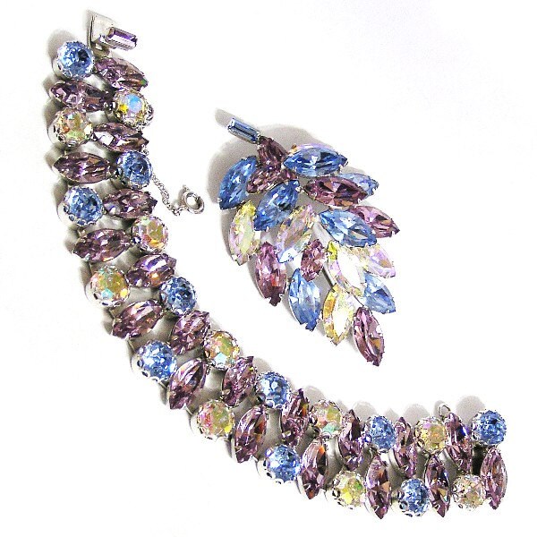 Amethyst Blue and Yellow Pastel Bracelet Brooch Set, Looks New