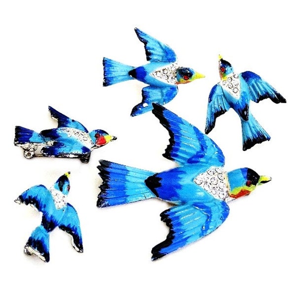 Coro Beautifully Enameled Blue Bird Figural Set