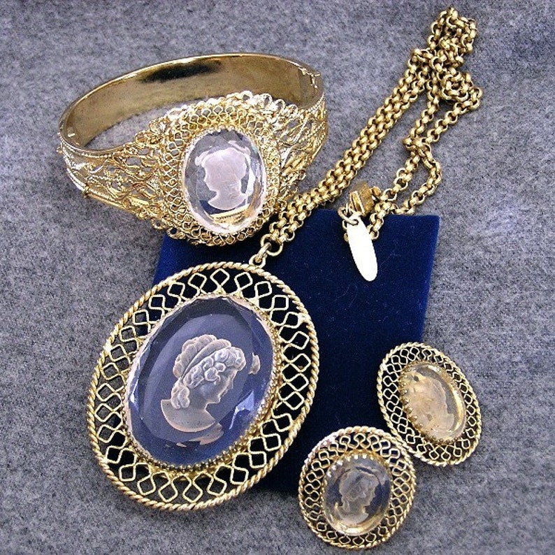 Whiting and Davis Gold Tone Cameo Parure