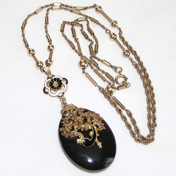 Victorian Black Glass and Enamel Necklace