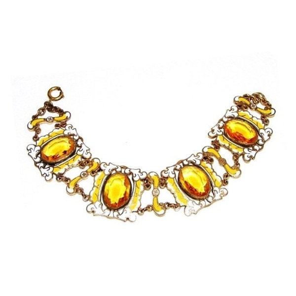 RESERVED Czech Gilt Setting Topaz Glass Enamel Bracelet c.1925