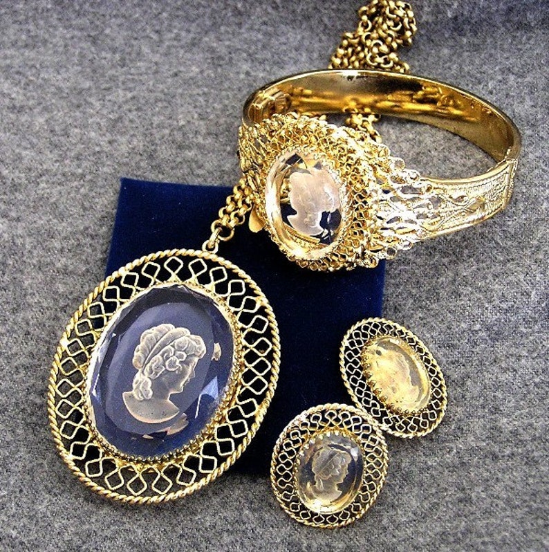 Whiting and Davis Gold Tone Cameo Parure