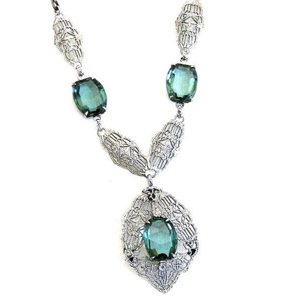 Dark Aquamarine Glass Edwardian Necklace