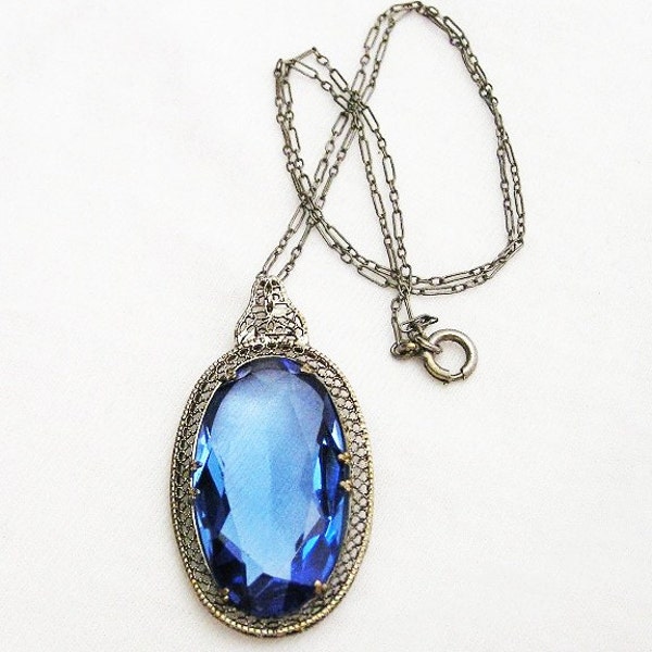 Art Deco Blue Glass Filigree Necklace