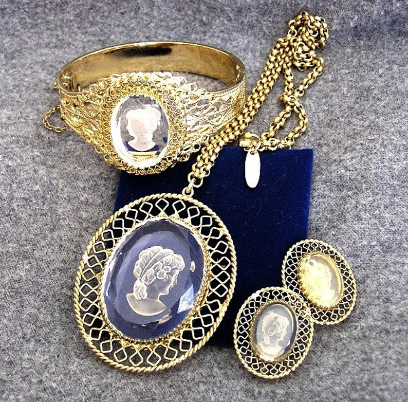 Whiting and Davis Gold Tone Cameo Parure