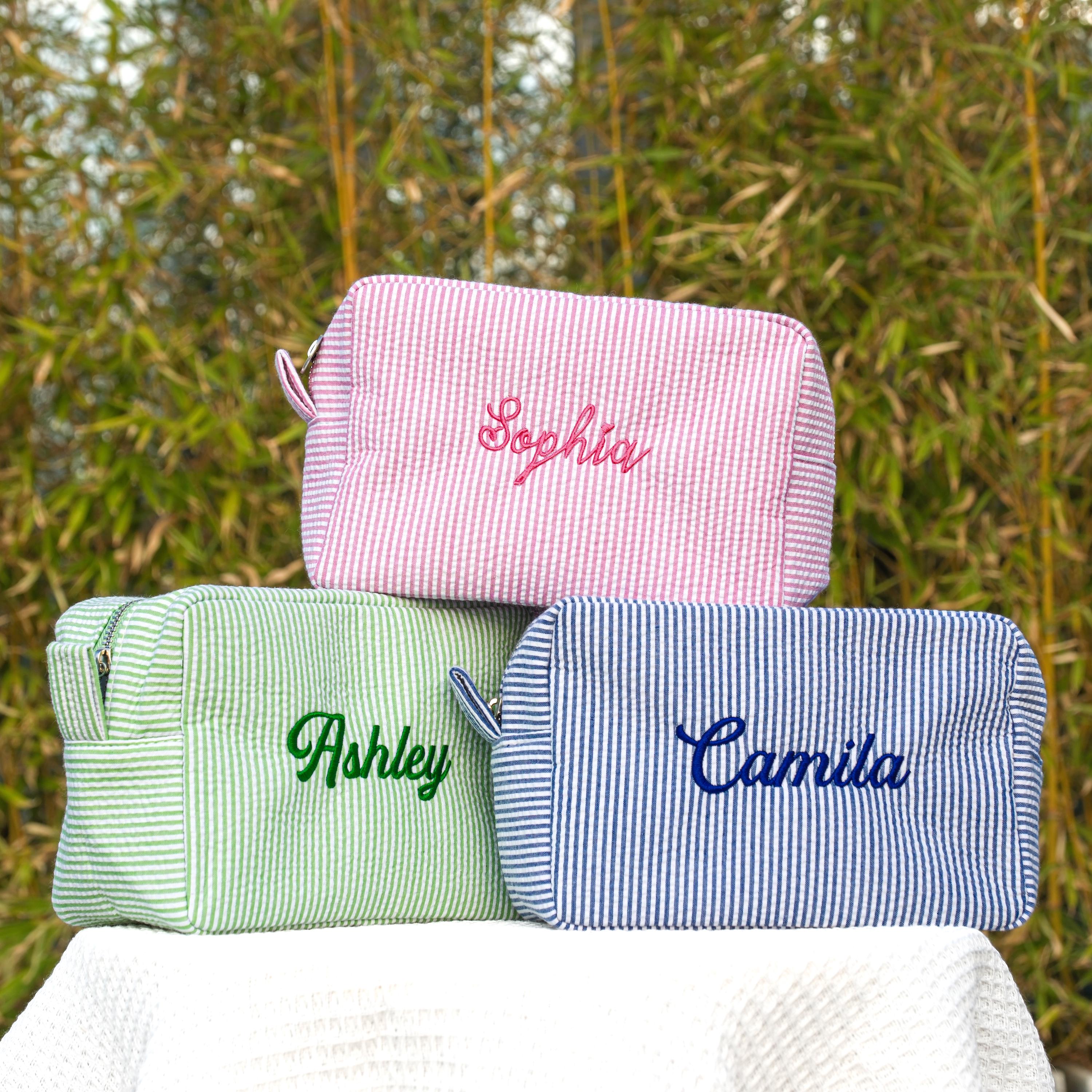Embroidered Makeup Bag Personalized, Gift for Women, Seersucker Cosmetic Bag, Travel Toiletry Bag, Bridesmaid Gifts, Large Makeup Organizer