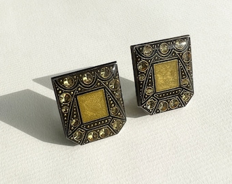 Pierre Bex - Vintage Greenish-Gold and Black Enamel & Rhinestone Crystal Earrings