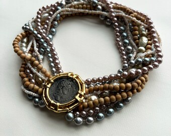 CINER Bead Necklace 10 Strands Faux Pearl, Heishi, and Wooden Beads with Large Reproduction Roman Coin Pendant Clasp