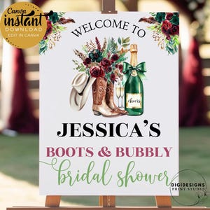 Boots & Bubbly Bridal Shower Sign Template | Floral Cowgirl | Editable Canva Template | Bridal Shower Welcome Sign | Western Bridal Shower