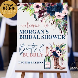 Boots & Bubbly Bridal Shower Sign Template | Floral Cowgirl | Editable Canva Template | Bridal Shower Welcome Sign | Western Bridal Shower