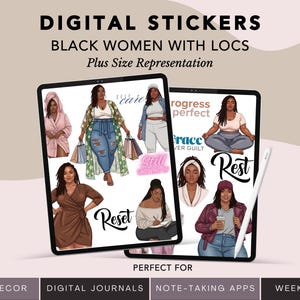 Stickers agenda numérique fille noire | Femme noire grande taille avec locs | Télécharger GoodNotes & Journal PNG