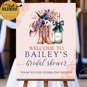 Cowgirl Bridal Shower Sign Template | Editable Canva Template | Bridal Shower Welcome Sign | Western Bridal Shower | Boots & Bubbly Template