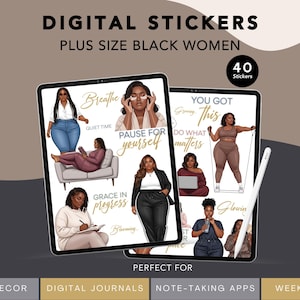 Peut inclure: Autocollants numériques représentant des femmes noires de grande taille dans diverses poses. Les autocollants incluent des phrases inspirantes comme « Breathe » et « You Got This ». Parfait pour les journaux numériques, la décoration d'agenda et les applications de prise de notes.