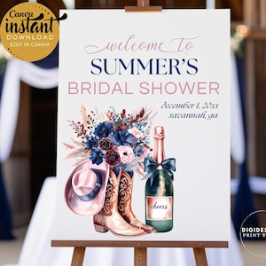 Cowgirl Bridal Shower Sign Template | Editable Canva Template | Bridal Shower Welcome Sign | Western Bridal Shower | Boots & Bubbly Template
