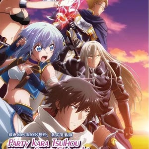 May include: Anime DVD cover art featuring five characters from the show "Party Kara Tsuihou Sareta Sono Chiyushi, Jitsu wa Saikyou ni Tsuki". The characters are standing in front of a sunset background. The text on the cover reads "Party Kara Tsuihou Sareta Sono Chiyushi, Jitsu wa Saikyou ni Tsuki" and "Vol. 1-12 End".