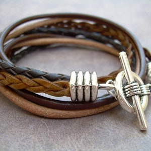 Brown Braided Leather Bracelet: Multi Strand Toggle Clasp