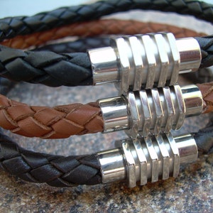 Leather Bracelets for Men, Braided Leather Bracelet with Sprocket Style Stainless Steel Magnetic Clasp, Womens Leather Cuff Bracelet