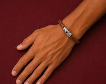Pulsera de cuero trenzado: cierre magnético de acero inoxidable, brazalete grueso.