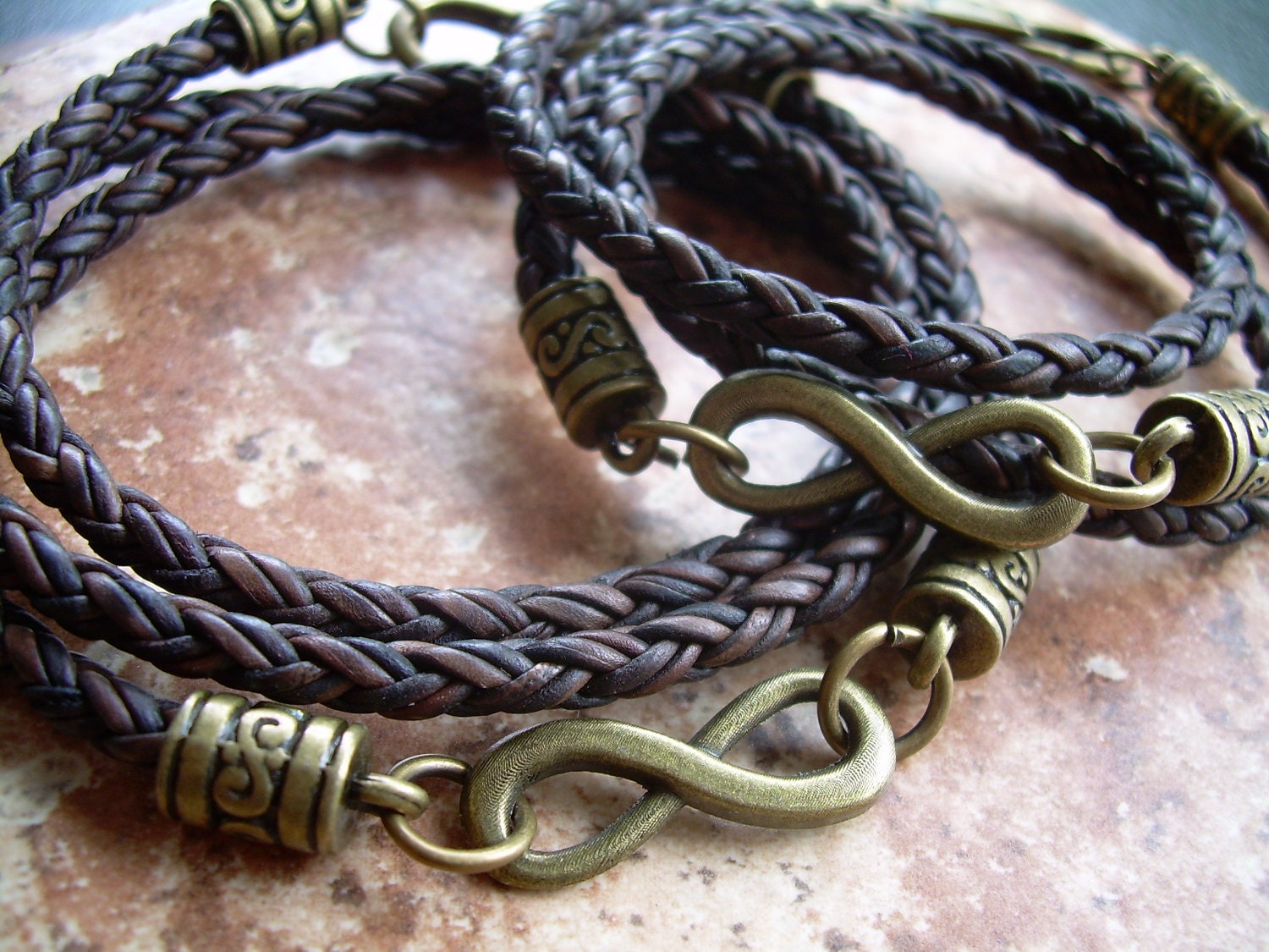 Couples Infinity Bracelet Set, Braided Leather, Antique Bronze Clasp