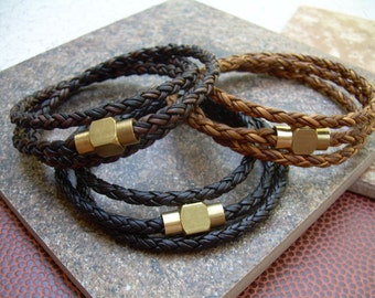 Braided Leather Bracelet: Raw Brass Clasp, Custom Size