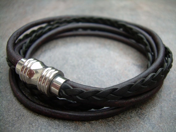 メンズ ブラックレザー ダブルラップブレスレット：ステンレススチール